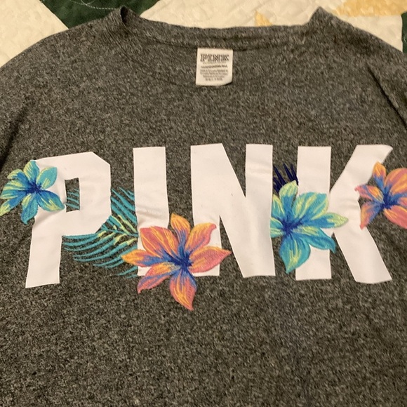 PINK Victoria Secret everyday long sleeve T shirt gray XS Hawaiian flowers - Picture 5 of 10